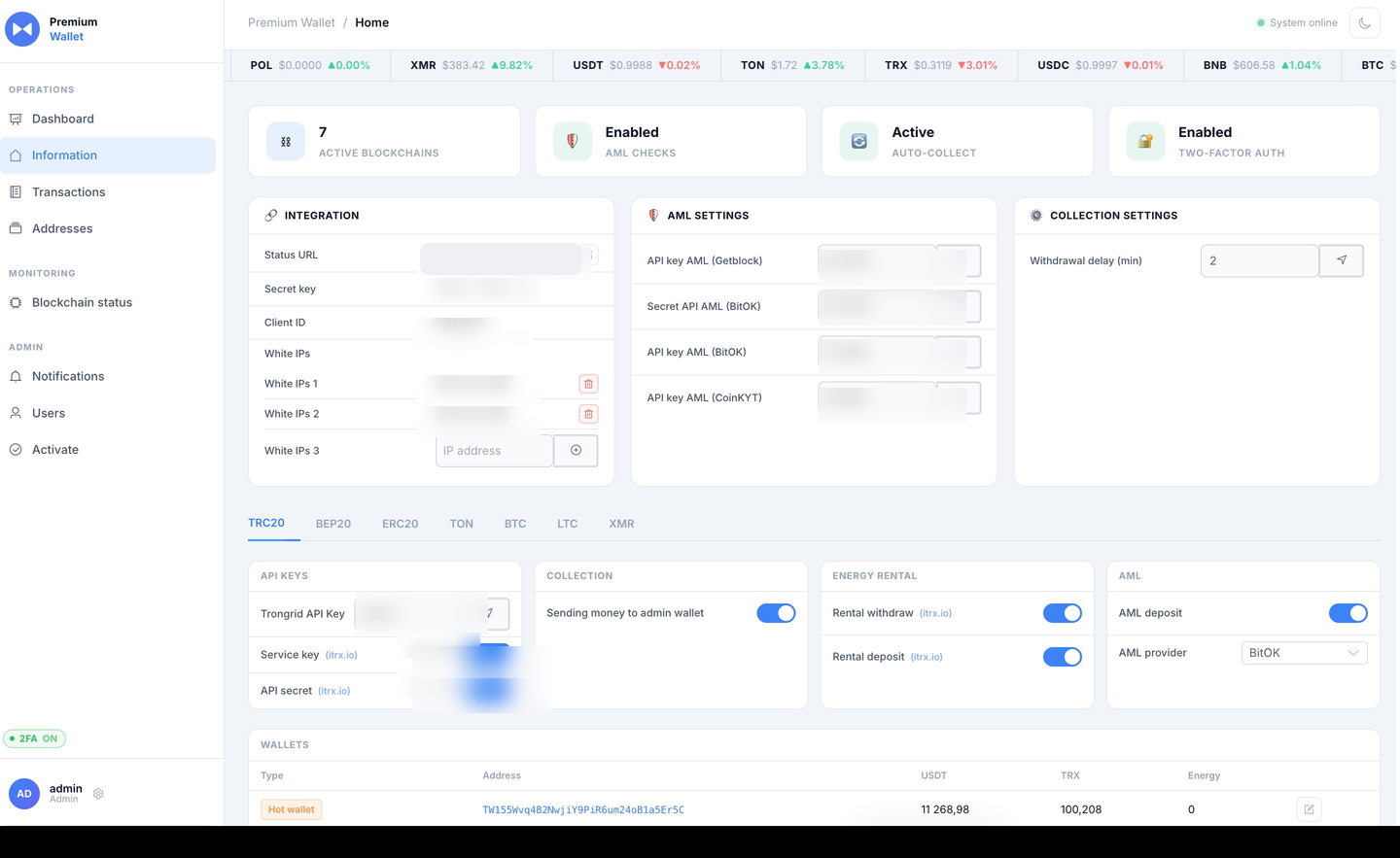 Premium Wallet integrations and AML settings